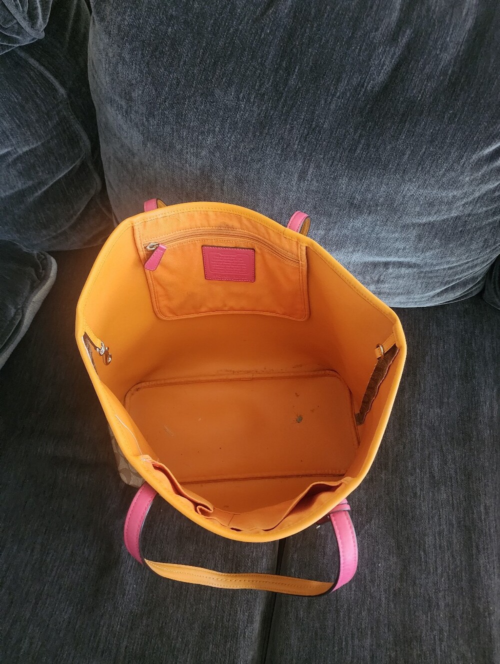 COACH Tan Signature Canvas Tote with Orange Trim and Pink Handles - Picture 4 of 11